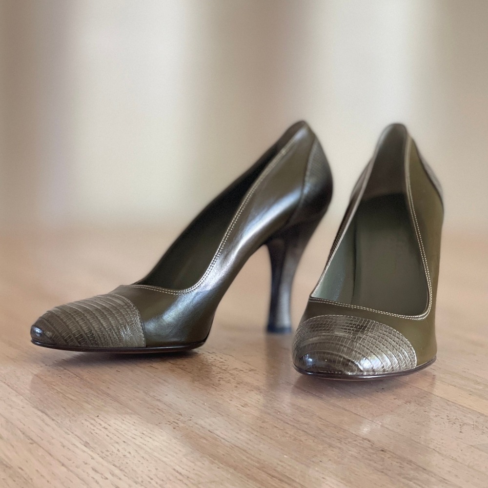 NWOB Cole Haan City Olive Green Leather Lizard Skin Pumps Made in Italy Size 9 B